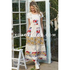 POL Mixed Patchwork Denim Overall Maxi Dress Skirtall in Oatmilk